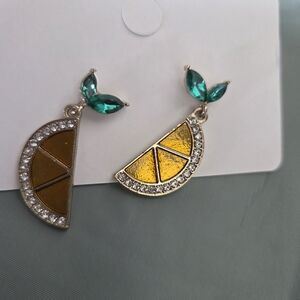 Elegant Lemon Slice Earrings with Green Crystal Accents
